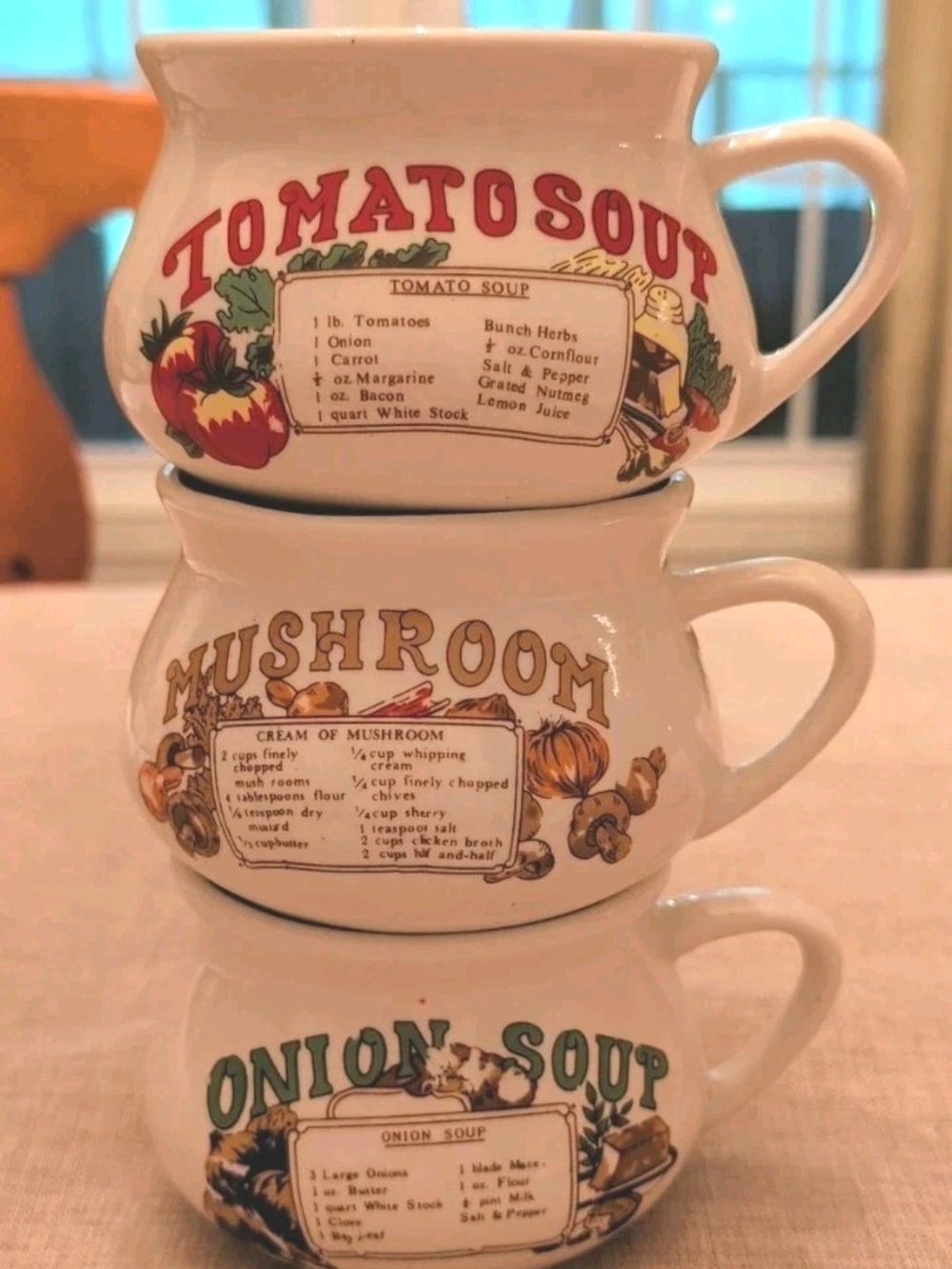 Vintage viral Ceramic Soup Mug Set with Tomato, Mushroom & Onion Recipes